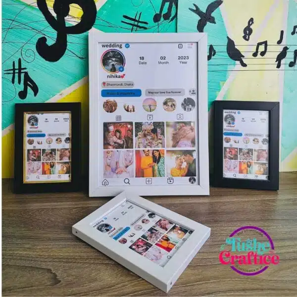 Instagram-themed photo frame with name, date, and custom feed layout
